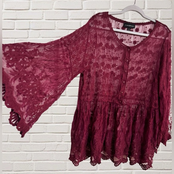 Lane Bryant Burgundy Lace Sheer Blouse Size 14/16 Bell Sleeve Boho Peplum - Picture 4 of 4
